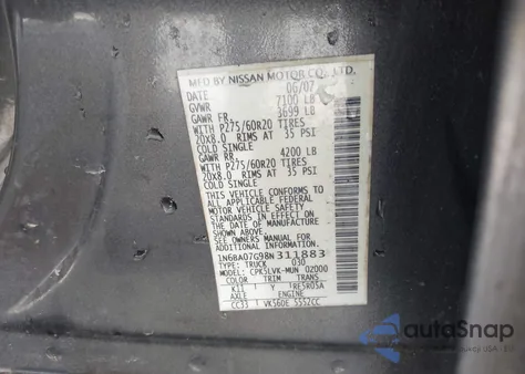 2008 Nissan Titan Le z USA, uszkodzony, nr VIN 1N6BA07G98N311883